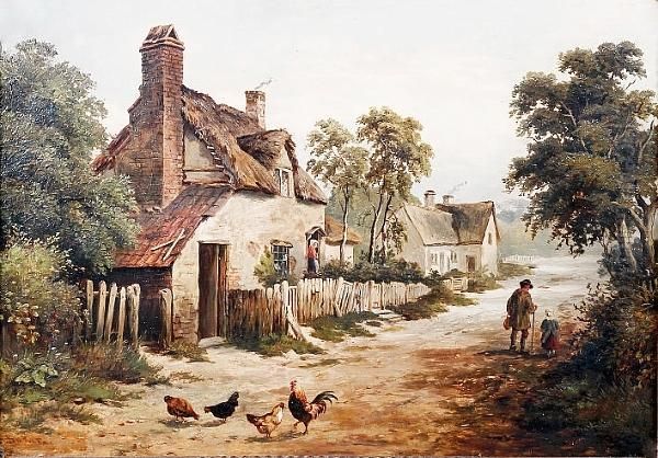 Country Lane With Figures And Cottages, Signed Lower Left, On Canvas Oil Painting by Herbert Baker