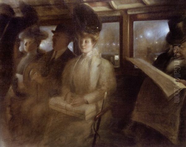 Voyageurs Dans L'omnibus A La Tombee De La Nuit Oil Painting by Albert Guillaume