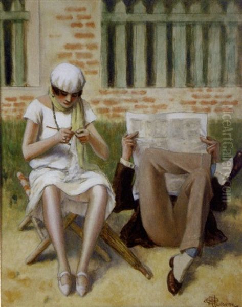 Femme A Son Tricot Et Homme A Son Journal Oil Painting by Albert Guillaume