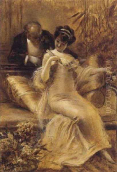 Elegante Sur Un Canape Conversant Dans Un Interieur Oil Painting by Albert Guillaume