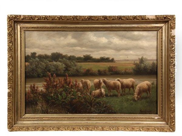 Pastoral Scene With Flock Of Sheep, Signed Lower Right, In Original Gold Oil Painting by Louis Constant Guillaume