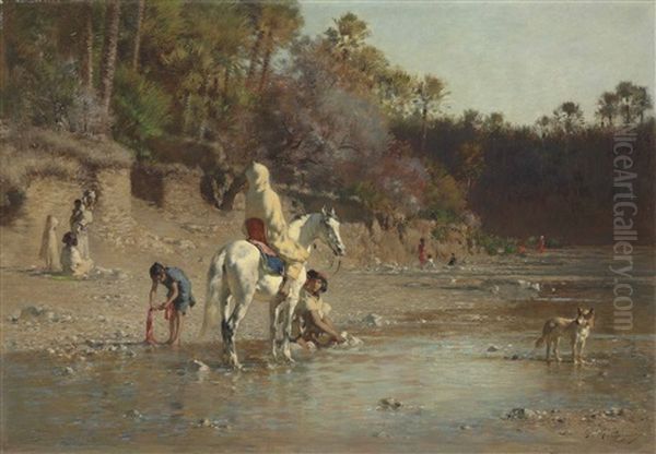 On The Bank Of The El Kantara River Oil Painting by Gustave Achille Guillaumet