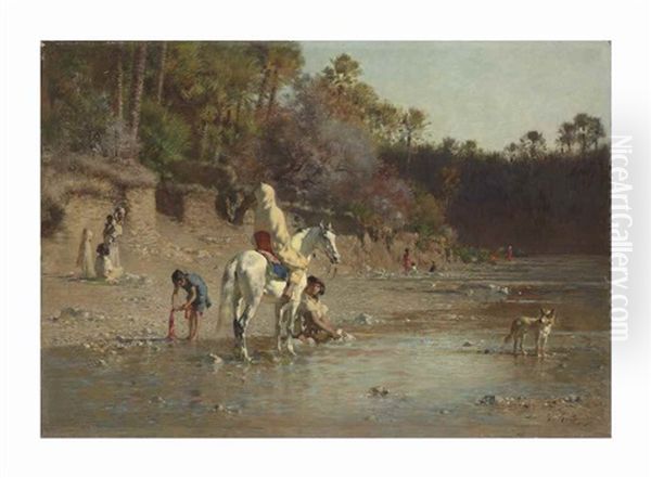 On The Bank Of The El Kantara River Oil Painting by Gustave Achille Guillaumet