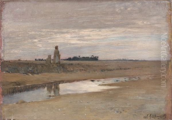 Paysage D'afrique Du Nord Au Soleil Couchant, Avec Deux Personnages En Bord De Riviere Oil Painting by Gustave Achille Guillaumet