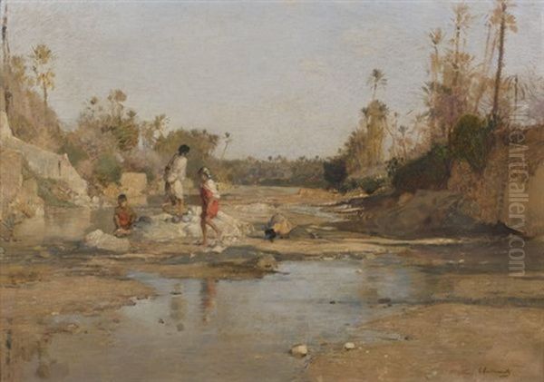 Enfants Dans Le Lit D'une Riviere, L'oued Bou Saada Oil Painting by Gustave Achille Guillaumet