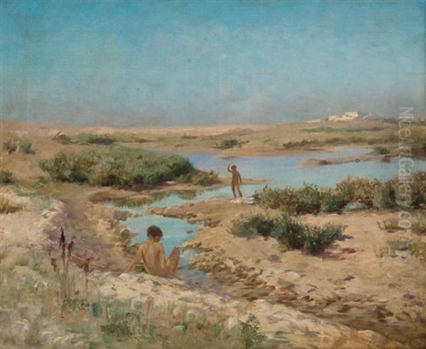 Enfants Au Bord De L'oued Oil Painting by Gustave Achille Guillaumet