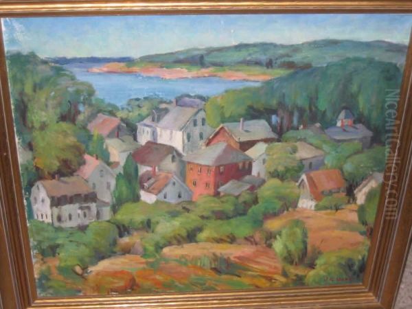 Sunny Coastal Village Oil Painting by Jessie E. Baker