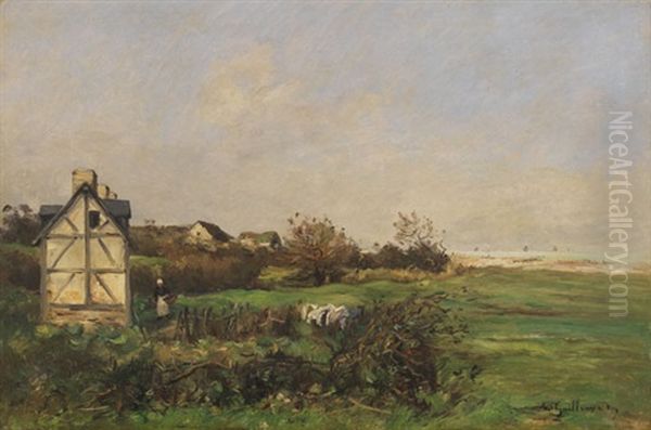 Landschaft Mit Fachwerkhaus Und Bauerin by Jean Baptiste Antoine Guillemet