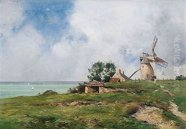 Promeneuse Pres D'un Moulin A Vent En Bord De Mer En Bretagne Oil Painting by Jean Baptiste Antoine Guillemet