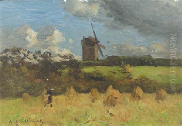 A Peasant Working In The Field, A Windmill Beyond Oil Painting by Jean Baptiste Antoine Guillemet