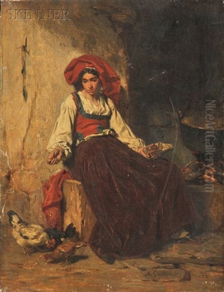 Peasant Woman Feeding Chickens Oil Painting by Alexandre Marie Guillemin