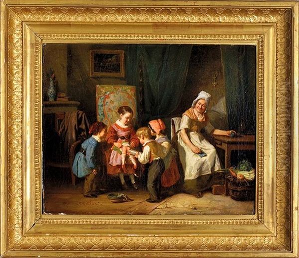 Enfant Soignant Une Poupee Avec Un Clystere Sous L'oeil Amuse De La Nourrice Oil Painting by Alexandre Marie Guillemin