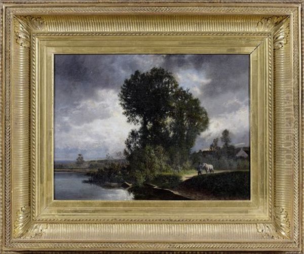 Paysage Avec Cheval Mene A L'etang Oil Painting by Alexandre Marie Guillemin