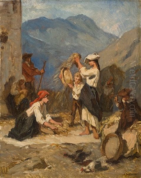 Bauerinnen Beim Dreschen Des Korn Oil Painting by Alexandre Marie Guillemin