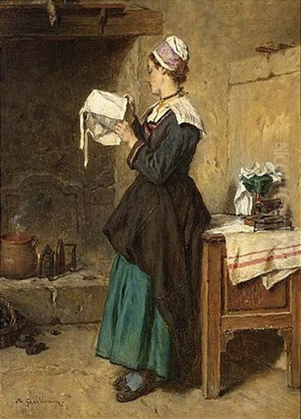 A Lady Ironing Oil Painting by Alexandre Marie Guillemin