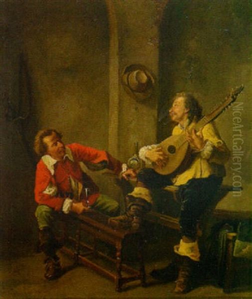 Zwei Landsknechte Des 17. Jahrhunderts Bei Mandolinspiel Und Wein In Der Schenke Oil Painting by Alexandre Marie Guillemin