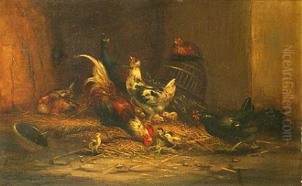 Chickens And Chicks In A Barn Oil Painting by Antoine Guilleminet