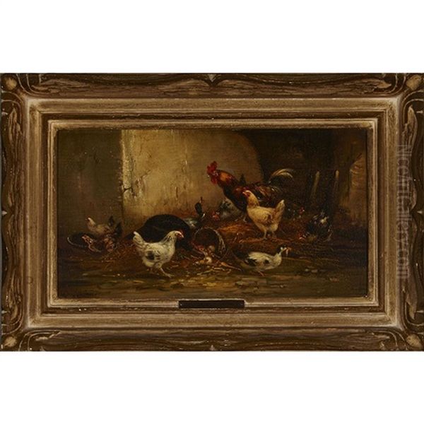 Two Interior Barn Scenes: A Turkey, Cocks, Chickens And Ducks; A Peacock With Hens And Chicks (pair) Oil Painting by Claude Guilleminet