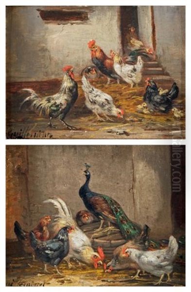 Coq, Poules Et Poussins Et Coq, Poules Et Paon (pair) Oil Painting by Claude Guilleminet