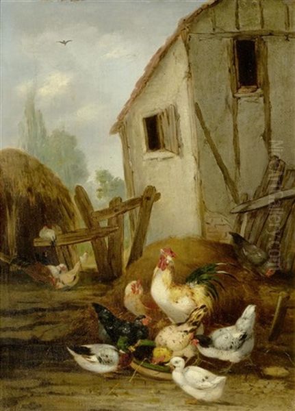 Huhner Beim Picken Vor Dem Stall Oil Painting by Claude Guilleminet