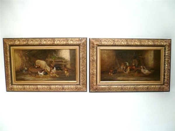 Scenes De Basse Cour (2 Works) Oil Painting by Claude Guilleminet