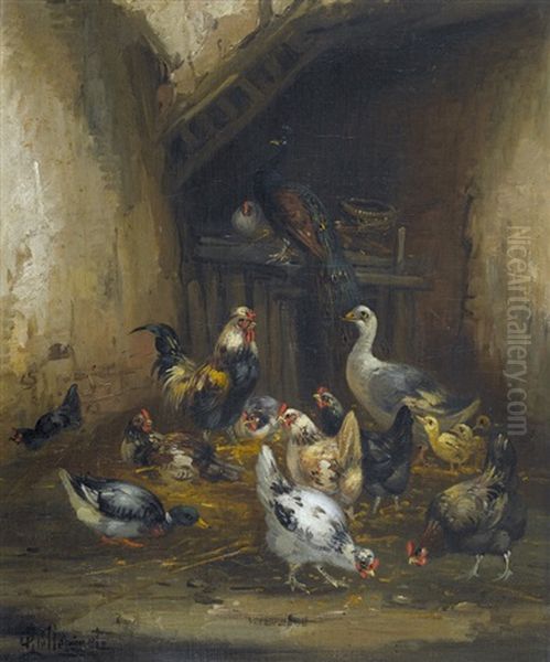 Huhnerstall Mit Einem Pfau Oil Painting by Claude Guilleminet