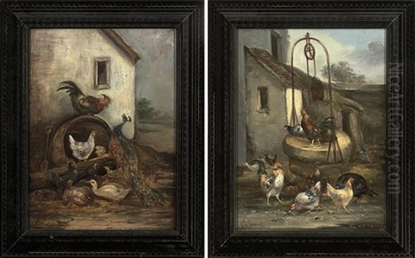 Poultry At The Well (+ A Farmyard Dispute; Pair) Oil Painting by Claude Guilleminet