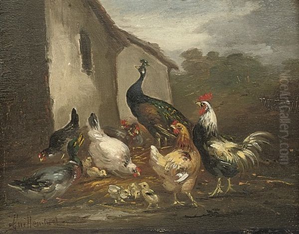 A Peacock, Hens And A Duck In A Farmyard (+ Ducks And Hens In A Farmyard; 2 Works) Oil Painting by Claude Guilleminet