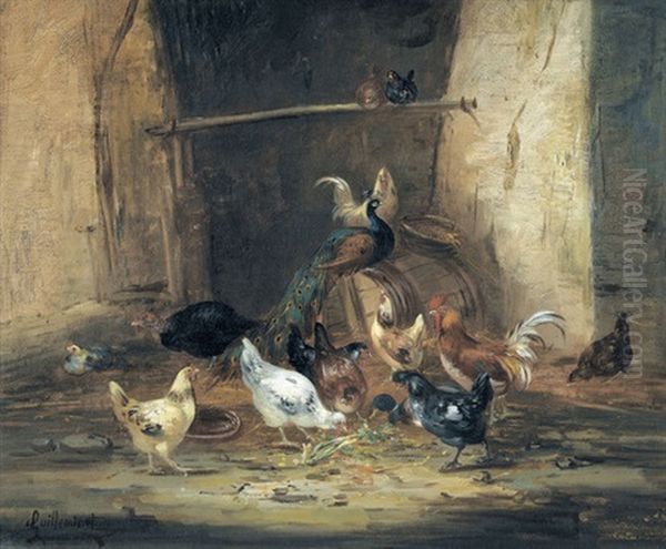 Huhner Im Stall Mit Pfau Oil Painting by Claude Guilleminet