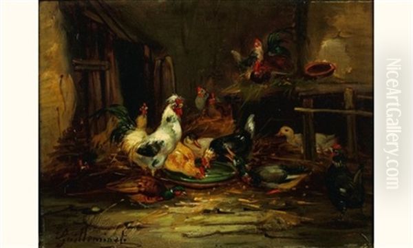 Les Poules (+ Another; Pair) Oil Painting by Claude Guilleminet