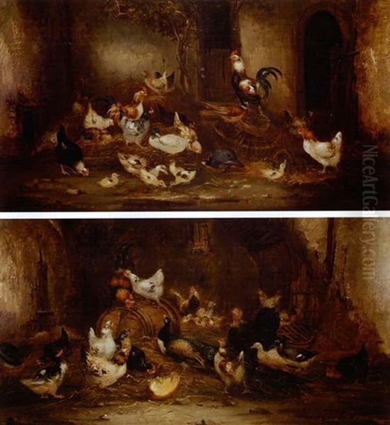 Barnyard Fowl (pair) Oil Painting by Claude Guilleminet