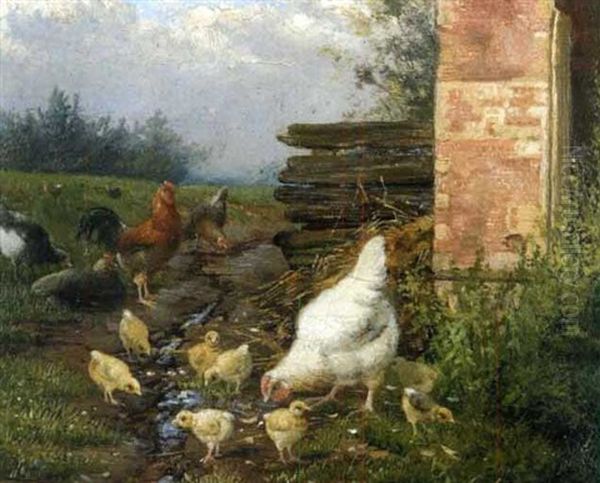 La Poule Blanche Et Ses Poussins (+ Another; 2 Works) Oil Painting by Claude Guilleminet