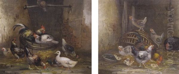 La Basse-cour (+ Another; Pair) Oil Painting by Claude Guilleminet