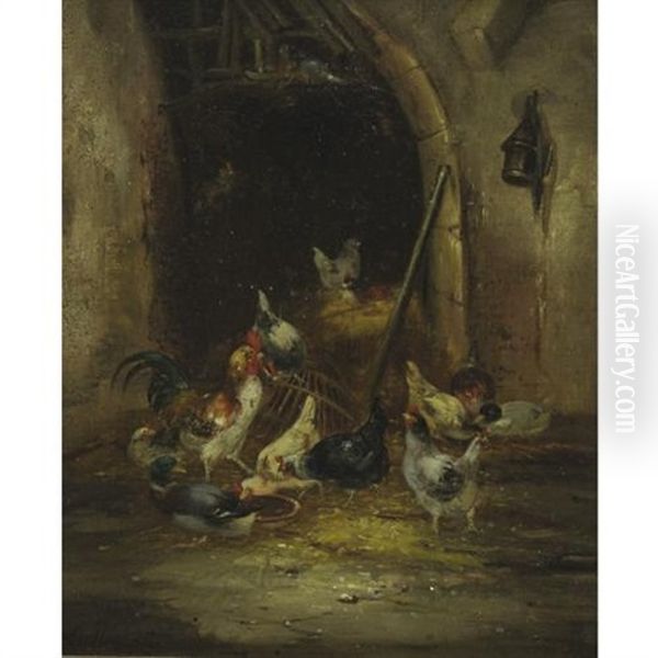 In The Poultry Yard (+ Another, Oil On Canvas Laid On Masonite, Smaller; Pair) Oil Painting by Claude Guilleminet