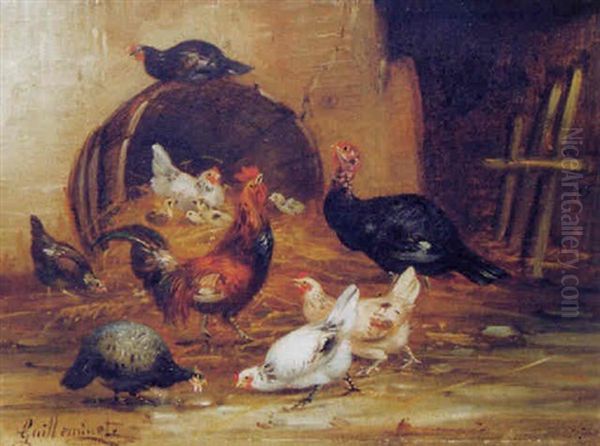 Coq Defendant Ses Poussins D'un Dindon Oil Painting by Claude Guilleminet