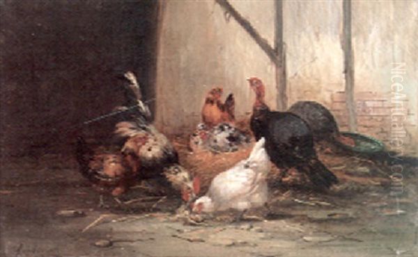 A Barnyard Scene With Turkeys, A Rooster And Hens Feeding Oil Painting by Claude Guilleminet