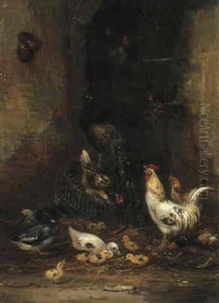 Stallinneres Mit Pfau, Enten Und Huhnern Oil Painting by Claude Guilleminet