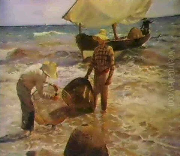 Pescadores Arreglando Las                                   Redas En La Playa De Valencia Oil Painting by Heliodoro Guillen