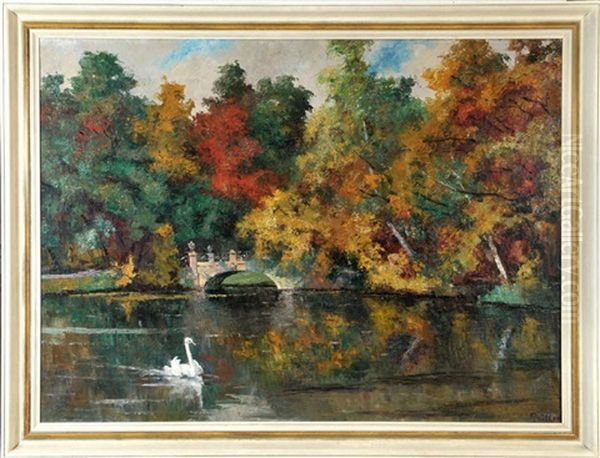 Parklandschaft Des Nymphenburger Schlosses In Munchen Mit Schwimmendem Schwan Oil Painting by Franz Paul Maria Guillery