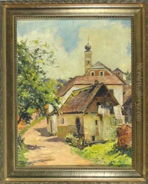 Sommerliche Dorfstrase Mit Kirche Oil Painting by Franz Paul Maria Guillery