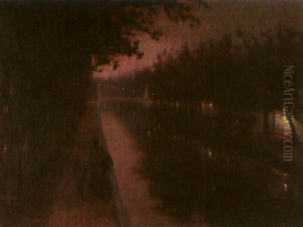 Tombee De La Nuit Le Long Du Canal Oil Painting by Franz Paul Maria Guillery