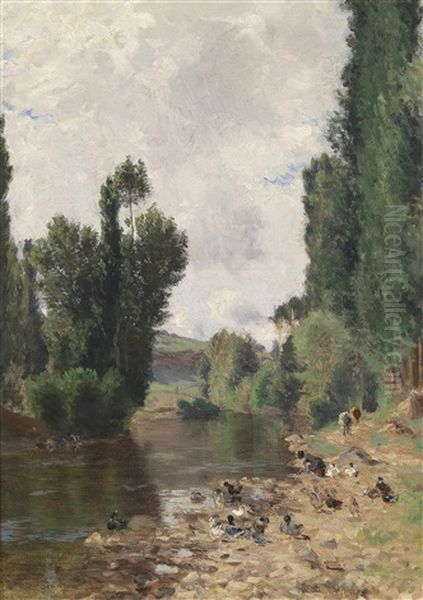 Sommerliche Flusslandschaft Oil Painting by Adolphe-Irenee Guillon