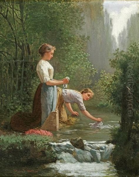 Washer Women Oil Painting by Eugene-Antoine Guillon