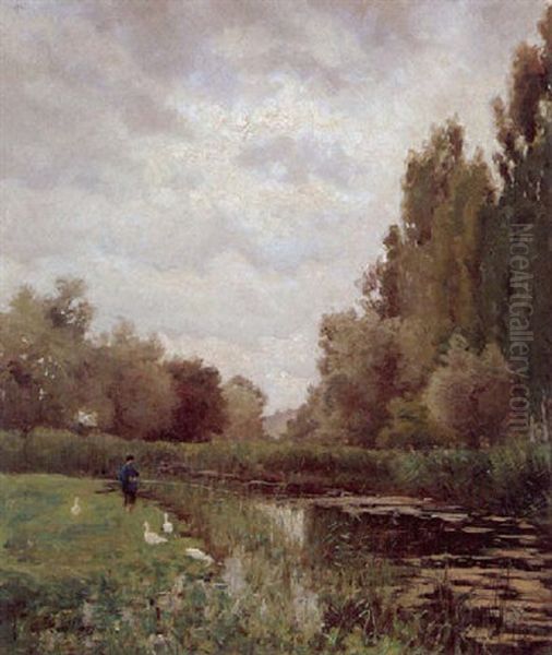 Figure With Geese Along The River Oil Painting by Guillaume Guillon-Lethiere