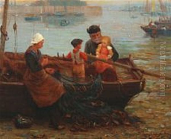 A Bretagne Scene With A Fisherman And His Family Oil Painting by Alfred Guillou