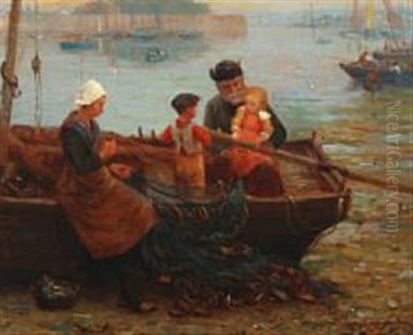 A Bretagne Scene With A Fisherman And His Family Oil Painting by Alfred Guillou