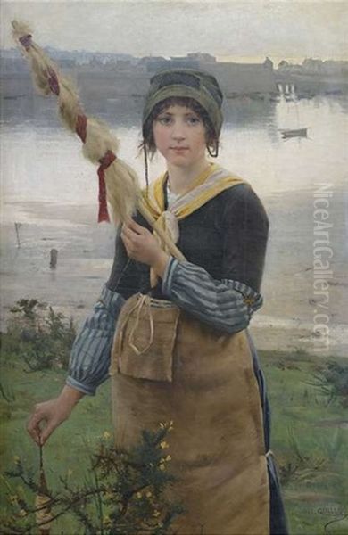 Fischermadchen Mit Spindel Vor Einem Hafenbecken Oil Painting by Alfred Guillou