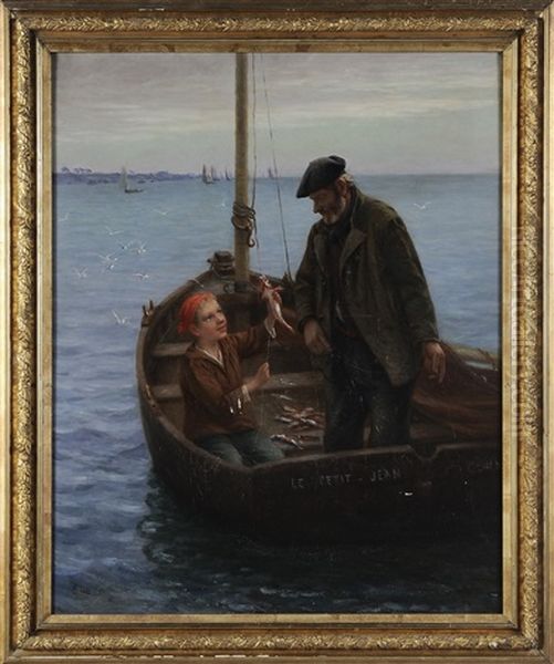 Boy And Older Man Fishing In A Harbor Oil Painting by Alfred Guillou