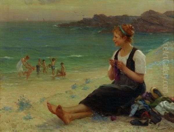 Jeune Mere Surveillant La Baignade De Ses Enfants Oil Painting by Alfred Guillou