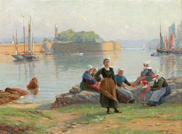 Femmes Et Petite Fille Devant Le Port De Concarneau Oil Painting by Alfred Guillou